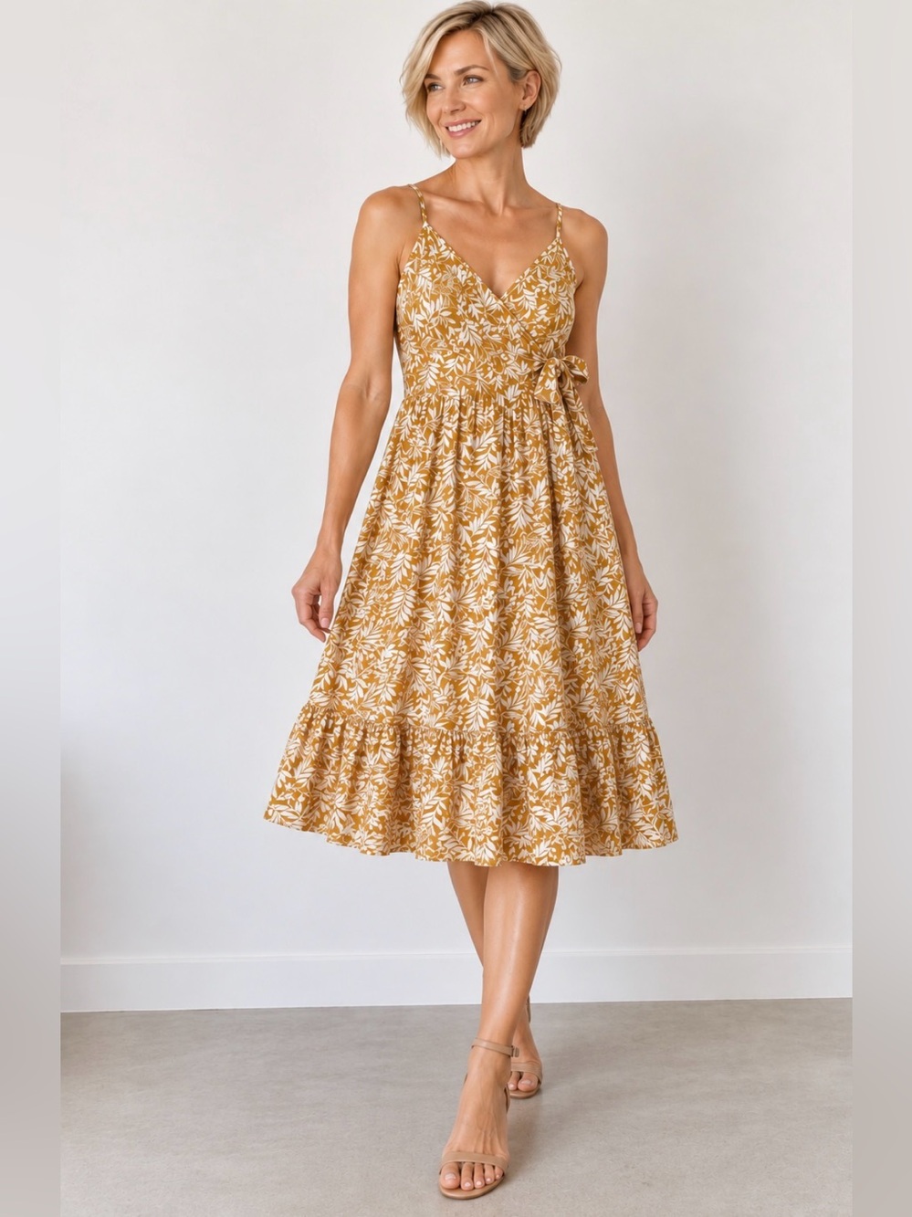 AUW Mustard and White Leaf-Print Midi Dress